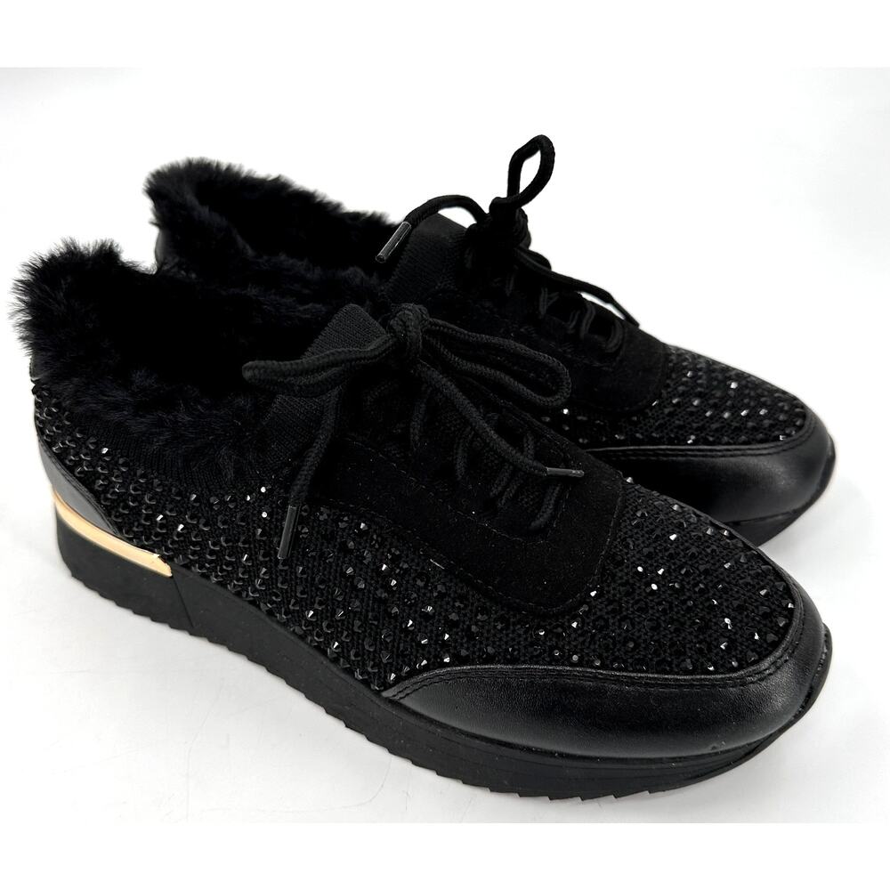 Kenneth Cole REACTION Cari Faux Fur Jeweled Fashion Sneakers Black Size 6.5